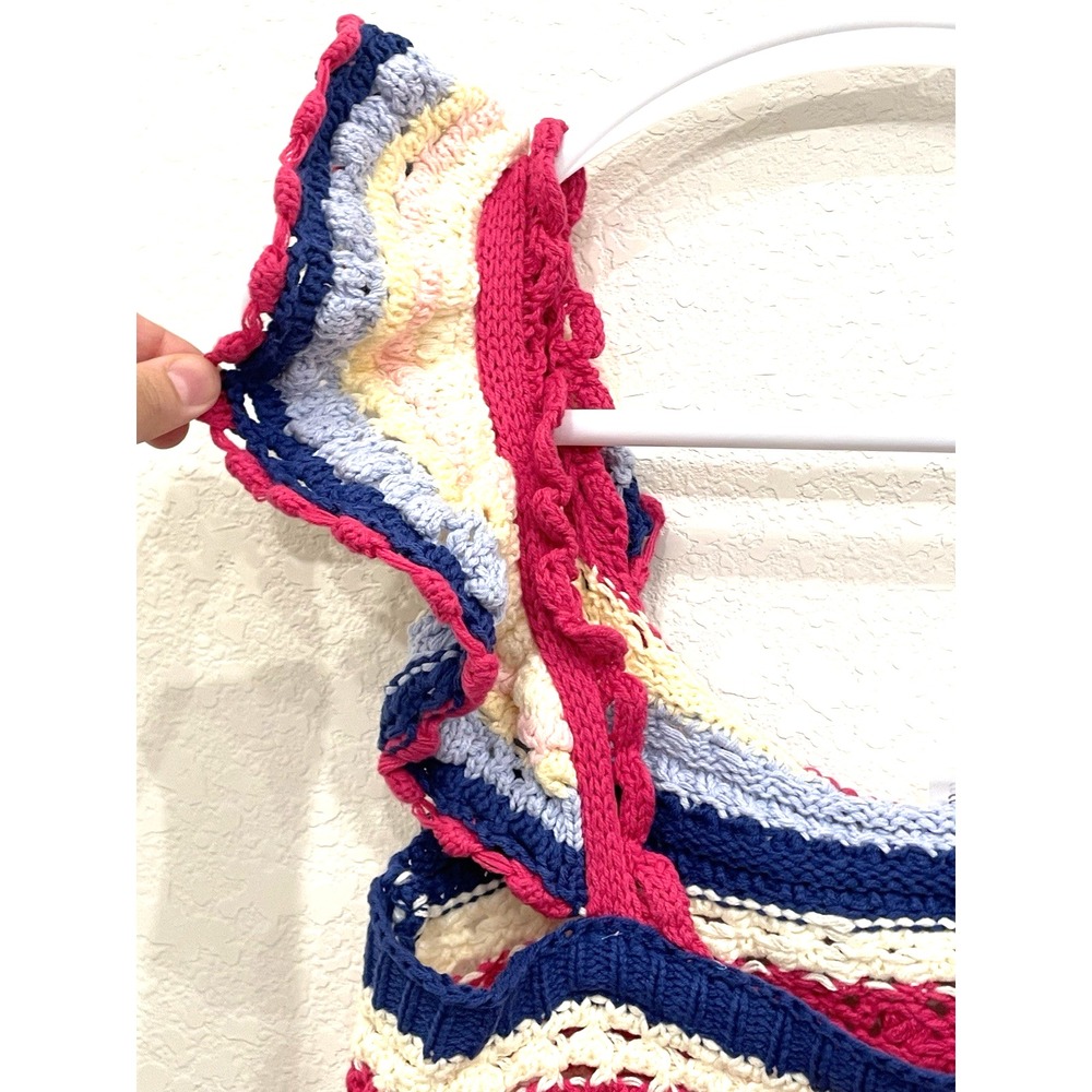 Crochet Crop Top Women's Small Multicolor Ruffle Sleeve Striped Knit - Picture 2 of 7